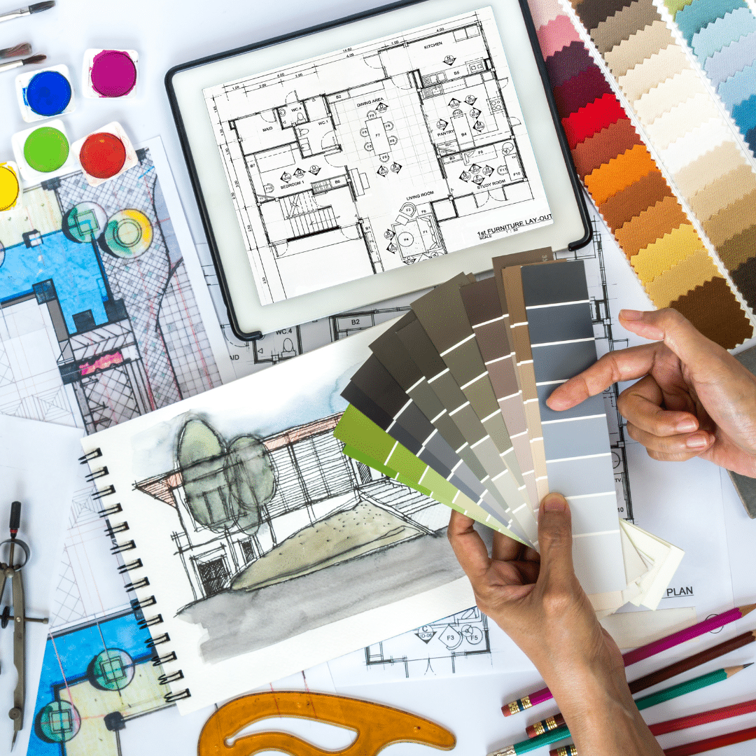 Custom design visual of color palettes, blueprints, and swatches for remodeling and addition project planning.