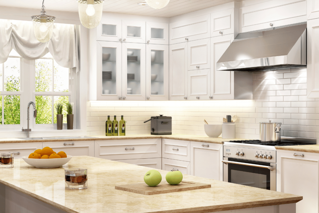 Overcoming your home remodeling fears with an updated kitchen with quartz countertops and subway tile backsplash.